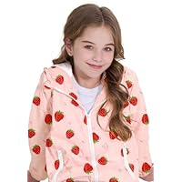 Zando Girls Rain Jackets Size 10-12 - Lightweight Jacket Waterproof Girl Rain Coat Girls' Outerwear Jackets & Coats Hooded Kids Windbreaker Coats Gradual Jackets Outdoor School Strawberry 10Y