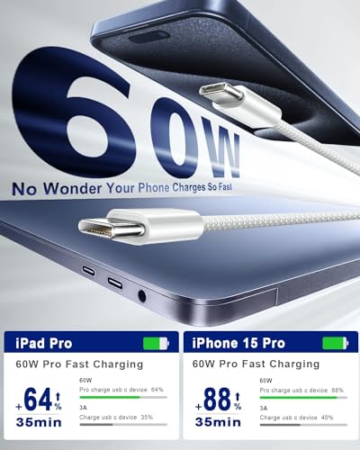 Image of Mizi 60W USB C to USB C Cable (3.3feet), Fast Charging for iPhone 16 /15 Series, Galaxy S24 /S23, iPad Pro /Air, MacBook Pro /Air and More - White