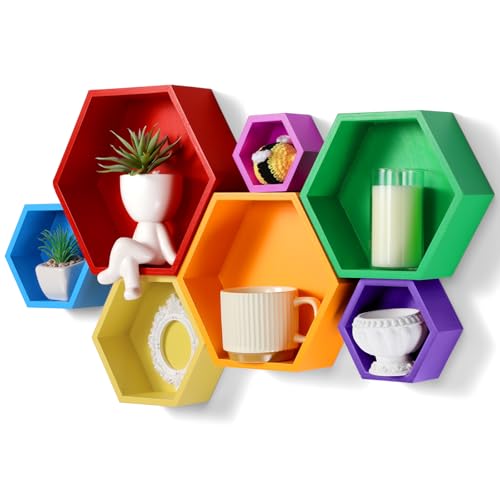 DoubleFill Honeycomb Shelves for Wall Set of 7 Wooden Hexagon