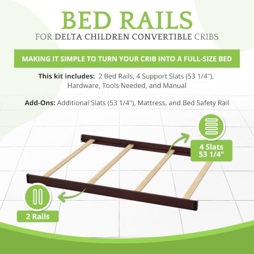Image of Full-Size Conversion Kit Bed Rails Compatible with Delta Children Convertible Cribs - Solid Wood Rail #0050 - Toddler and Adult Bed Rail for Full-Size Beds - Baby Furniture (Dark Chocolate - 207)