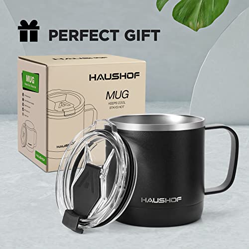 Haushof 14 Oz Coffee Mug, Insulated Coffee Mug With Handle, Travel Camping Cup, Portable Stainless Steel Coffee Cup, Insulated Coffee Cups With Lid, Black #TOP6