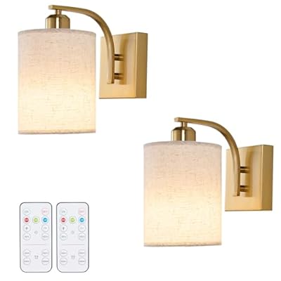 Powfloven Gold Rechargeable Battery Operated Wall Sconces Set of 2 with Remote, Wireless Dimmable Battery Powered LED Wall Lights, Cordless Wall Lighting Lamp Fixture for Bedroom Living Room