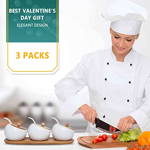 3 Pcs Porcelain Condiment Jar Set, Spice Jars With Bamboo Cap And Ceramic Serving Spoon, Wooden Tray, Used To Store Sugar, Spices, Coffee, Tea, 170 Ml (5.8 Oz) #TOP6