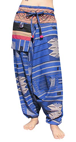 RaanPahMuang Premium Cotton Yoga Harem, Boho Pants for Women, with Side Pocket, Hippy Baggy Tribe Stripped Pants, Medium, Sapphire Blue