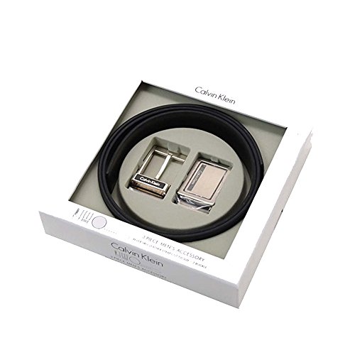 Calvin Klein 3 Piece Men's Reversible Brown/Black Belt Accessories Set with 2 Buckles3