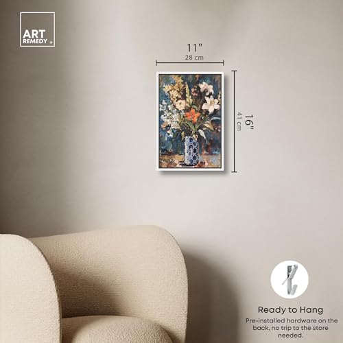 Image of Art Remedy Blue Floral Vase Canvas Floral Vase Wall Art, White Frame, 10 inch x 15 inch