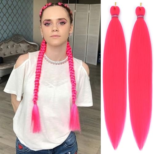 Hot Pink Braiding Hair Extension, 28 Inches Pre Stretched Braiding Hair for hair Braids,2 Packs Yaki Texture Synthetic Braid Hair
