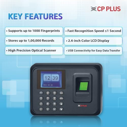 Image of CP PLUS Fingerprint Time and Attendance Machine | Biometric System with Password Access | Fast Recognition <1s | USB Report Export | 1000 Fingerprint Users | CP-VTA-T2324-U