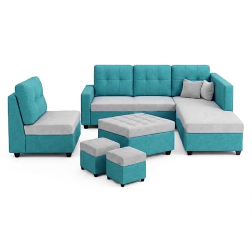 Image of FURNY Nathan 8 Seater L Shape Sofa Set RHS (Sky Blue-Light Grey) | Suede Velvet Finish | Durable Comfort Sofa for Modern Living Room & Office Spaces