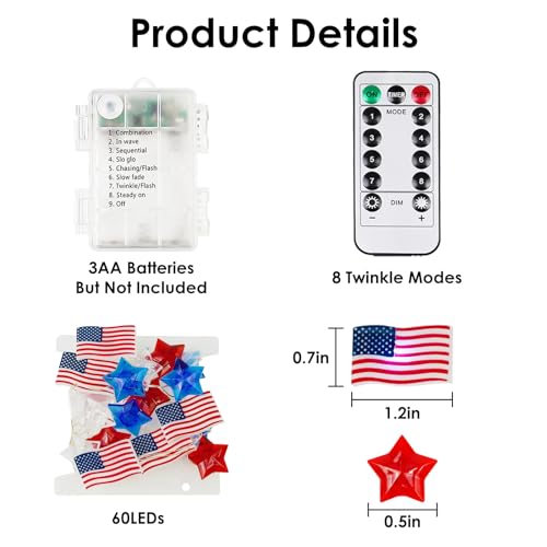 Bossern STRA-60LED-RC Red White Blue Star And American Flag Fairy Lights 40 Led Waterproof String Lights, 8 Modes For Indoor And Outdoor Battery Operated Remote & Timer Patriotic Lights For 4Th Of July Independence Day thumb #5