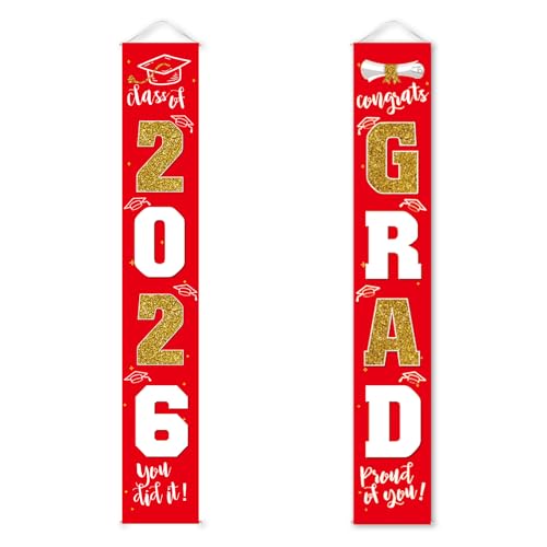 Image of Graduation Decorations 2026 Banner Porch Sign Red Gold for Class of 2026 Graduates Party Supplies