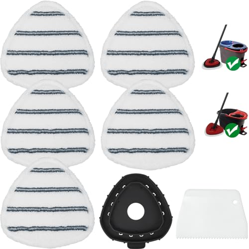 Triangule Flat Mop Replacement Pads, Spin Mop Pad Replacement, 5 Pack Mop Refill Pads, 1 Mop Base and 1 Scraper for Cleaning Floor, Wall, Ceiling, Easy to Replace