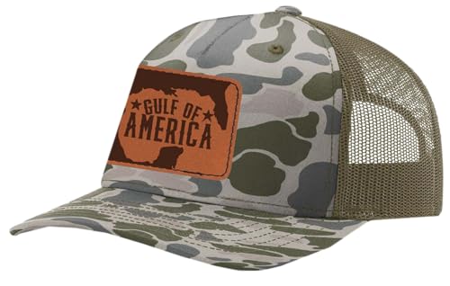 Trenz Shirt Company Mens Gulf of America Engraved Leather Patch Mesh Back Trucker Hat, Marsh Duck Camo