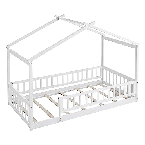 House Bed Twin Size Floor Bed With Fence Railings, Wooden Montessori Style Bed Frame For Kids, Fun Playhouse Beds For Girls Boys, White #TOP3