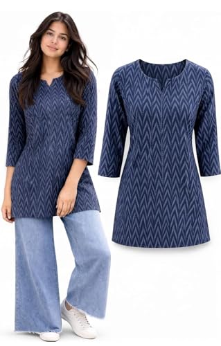 Image of Women Ikat Print Short Kurti Top,Cotton Blend Casual Ethnic Kurta for Women, Stylish Office Kurti Tunic,Lightweight Printed Short Kurti Kurti for V Nack Kurti