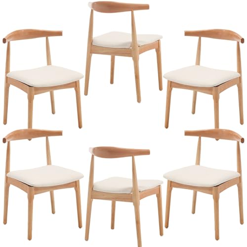 Wood Dining Chairs Set of 6, Linen Fabric Dining Chairs with Open Curved Back, Mid Century Modern Dining Room Chairs Farmhouse Kitchen Chairs for Dining Room Restaurant -Natural Wood Finish, Beige
