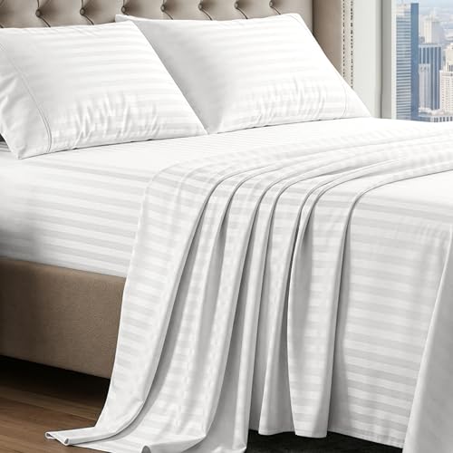 Image of LANE LINEN Striped Sheets Set - 100% Egyptian Cotton 4 Piece Bed for King Size Hotel Bedding & Pillowcases 16 inch Deep Pocket (Fits Upto 17 inch Mattress) White