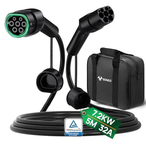 GONEO Cable de Carga Tipo 2 7,2kW 5m 32A Tipo 2 1 Fases Modo 3 para EV/PHEV Tipo 2 a Tipo 2/CSS2 EV Cable de Carga con Bolsa de Transporte