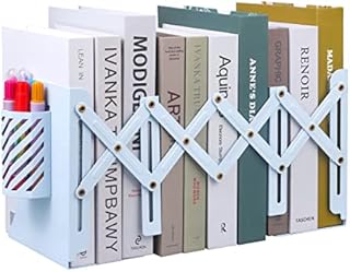Expandable Metal Bookends, MSDADA Adjustable Book Ends Heavy Duty Book Holder with Detachable Pen Container, Non-Skid Desk Organizer for Kids Student Home Office School Bookshelf Book Storage(Green)
