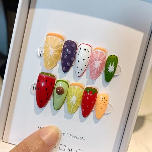 TENPAL Summer Fruit Press on Nails - Vibrant Almond Shaped Fake Nails with Kiwi, Watermelon & Avocado Designs | Reusable Colorful Nail Art for Women | Tropical Fruit Manicure Set (Medium Length,XS)