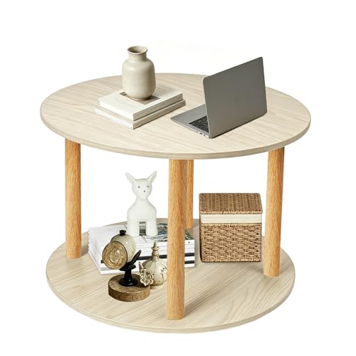 LANTUS Table d'Appoint Ronde à 2 Niveaux,Bout de Canapé Ronde Guéridon, Style Moderne, Table de lit, Petite Multifonction pour Canapé, lit,60 x 60 x 53 cm (Érable Blanc)