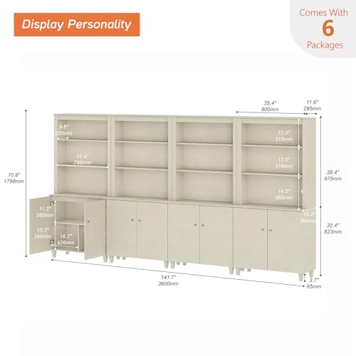 Image of WAMPAT Beige Wood Bookcases with Storage Cabinets, 4 Column Modern 5-Tier 71 inch Tall Bookshelves with Adjustable Shelf, Wide Wooden Display Bookshelf for Home Office, Living Room, Bedroom