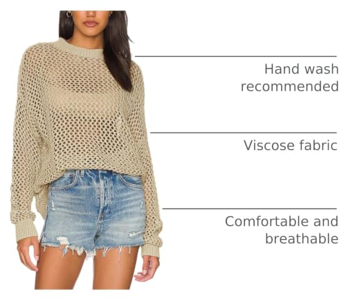 Ebifin Womens Crochet Tops Long Sleeve Beach Summer Sweater Crew Neck Mesh Cover Ups Bikini Swimsuit Tunic Pullover Tops Apricot - image 4