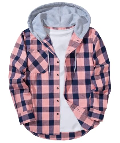 SCODI Mens Flannel Hoodie Shirt Casual Button Down Plaid Jacket Shirts Stylish Long Sleeve Shirts with Pocket Pin X-Large Pink