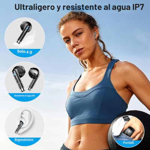 Miniatura 6 de Wasart Auriculares Inalámbricos, Auriculares Bluetooth 5.3 Con Enc Cancelación De Ruido Y 4 Hd Mic, 30h Control Táctil Wireless Earbuds Con Led Pantalla, Ip7 Impermeable Cascos Inalambricos Deportivos