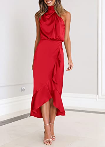Image of KIRUNDO Women's Summer Satin Mock Neck Wedding Guest Dress