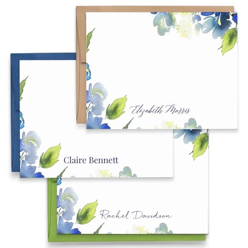 Product Image of the Personalized Floral Stationary with Envelopes, FLAT OR FOLDED, Watercolor Floral Stationery Set for Women, Blue and Green Personalized Floral Notecards with Envelopes, Choice of Colors and Quantity