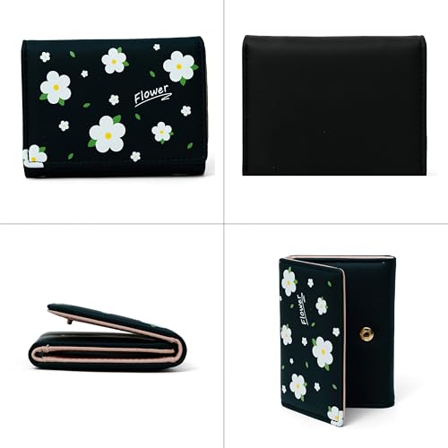 Image of INOVERA (LABEL) Flower Wallets for Women, Girls - Stylish Faux Leather Trifold Cash, Cards Holder Wallet - Small Hand Purse (Black)