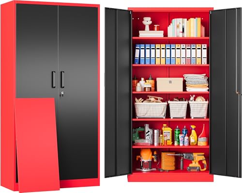 Image of 6 Tier Garage Storage Cabinet with 5 Adjustable Shelves,Metal Storage Cabinet with Lock,Red Black Metal Cabinet with Locking Doors,Steel Locker,71 inch Lockable Storage Cabinets for Home,Office,Garage