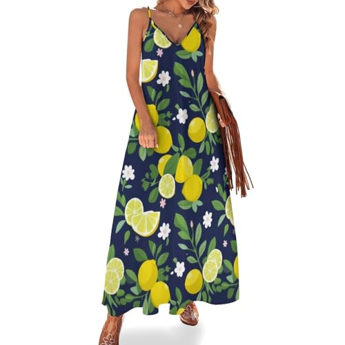 TCcds Women Cute Summer Dress Breathable A-line Halter Dress Fresh Lemon Fruit with Slices, Flowers & Leaves Print Print Dresses for Summer Beach,Vacation,Casual,Party Sm