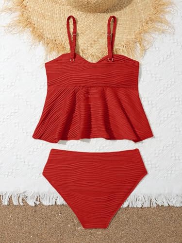 Image of OYOANGLE Girl's 2 Piece Tankini Swimsuit Textured Twist Front Ruched Ruffle Bikini Set Bathing Suits