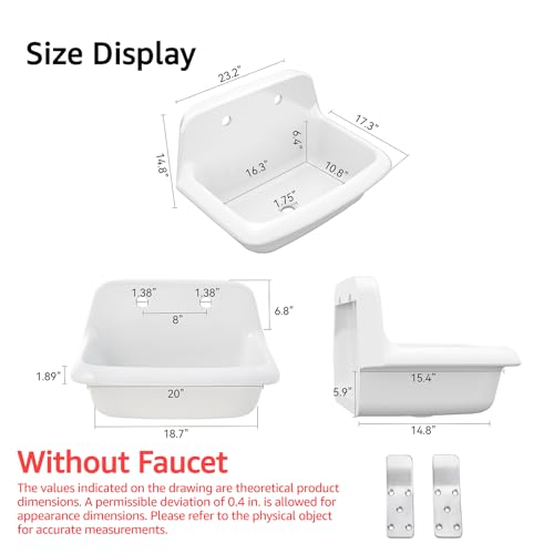 ELLAI Wall Mount Utility Sink Wall Mounted Laundry Tub Ceramic Farm Style High Back Farmhouse Sink for Laundry Room, Garage, Kitchen, Bathroom, White 24” x 17” x 15”