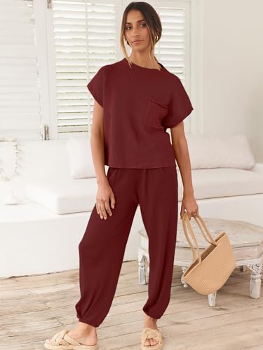 Image of ANRABESS Women's Two Piece Outfits Sweater Sets Knit Pullover Tops and High Waisted Pants Tracksuit Lounge Sets