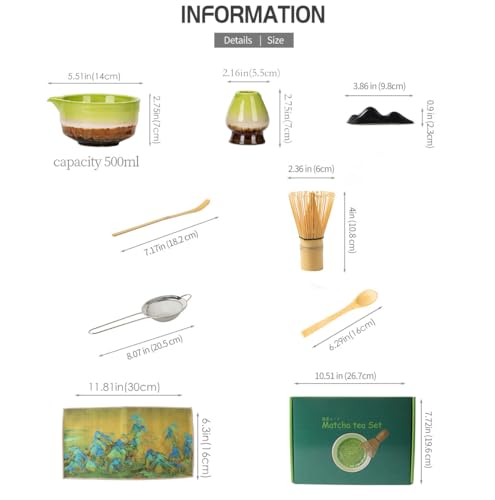 Matcha Whisk Set,8 Pcs Matcha Kit Includes Matcha Bowl with Spout,Matcha Whisk Holder,Bamboo with Ceramic Holder,Bamboo Scoop and Rest,Sifter,Tea Towel for Ceremony Matcha Lovers Gift (Green) — view 3