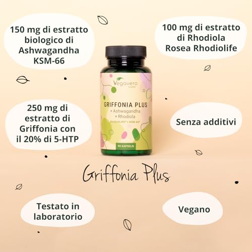 Griffonia 5-HTP Vegavero® | con Ashwagandha KSM-66® e Rhodiola Rosea | 20% 5HTP (5-idrossitriptofano) | Integratore Precursore Serotonina | Senza Additivi | 90 capsule | Vegan - 6