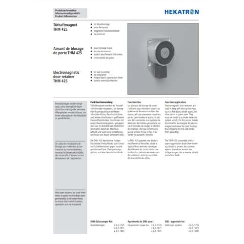 HEKATRON Türhaftmagnet 686N / 63mA THM 425 ideal para pasillos de gran tránsito en edificios 7