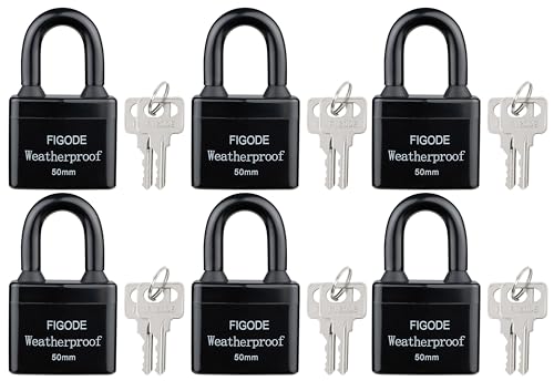 Image of FIGODE Outdoor Waterproof Padlocks, Covered Heavy Duty Laminated Steel Locks, Large Sturdy Locks, 2.2 in. Wide, 6 Locks Same Key, Standard Shackle