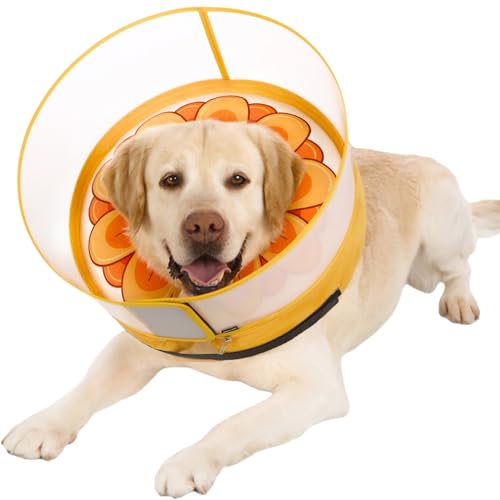 Image of Inflatable Dog Cone Collar with Enhanced Anti-Licking, Soft Neck Donut for Dogs Cats, Recovery Pet Cone Collar After Surgery for Large Medium Small Dogs (Yellow Flower, Medium+)