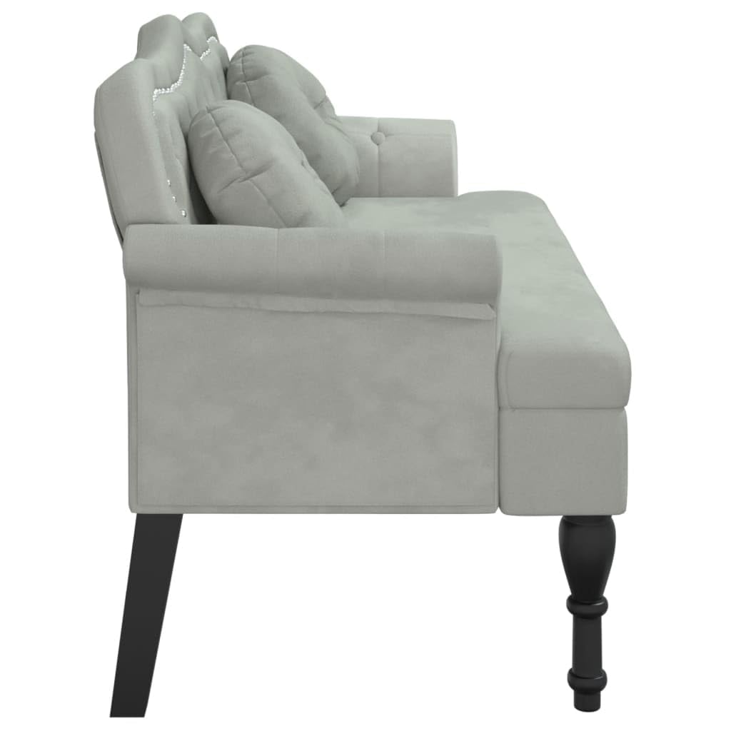 Banco de terciopelo gris claro, 120,5 x 65 x 75 cm, con cojín, banco acolchado con acolchado grueso, respaldo y reposabrazos, cierre de botones y patas de madera de madera maciza de caucho