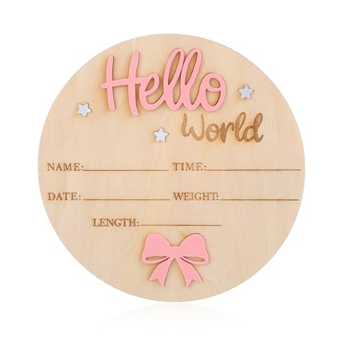Nogeqi Cartões de marcos rosa, cartaz de madeira para bebé, personalizado, para bebé, olá mundo, cartaz de boas-vindas para recém-nascidos, redondo, de madeira, indicador de nascimento para grávidas