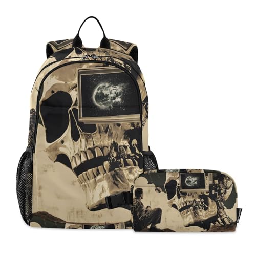 Backpack Lunch Bag Set for Travel Hiking Picnic, Mechanical Skull Man Print Backpacks with Insulated Lunch Box