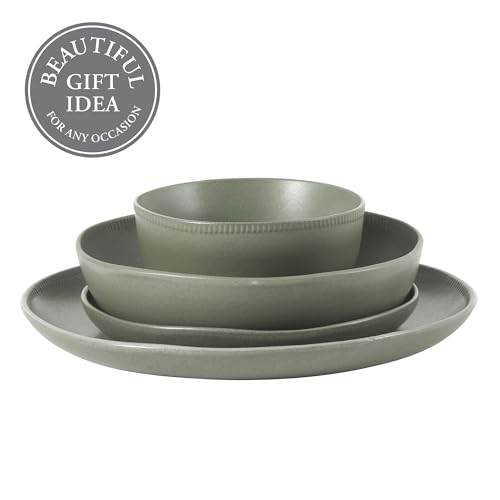 Image of Gibson Elite Menlo Park 16-Piece Pottery Clay Stoneware Dinnerware Set - Green Reactive Glaze, Organic Shape Embossed Plates and Bowls W /Pasta Bowl, Service for 4 - Microwave & Dishwasher Safe