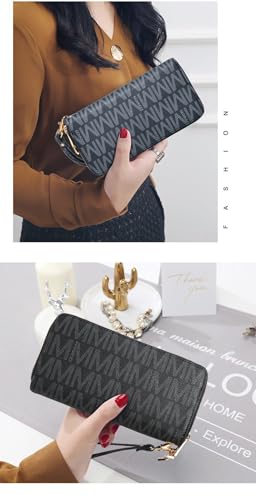 MKP COLLECTION Womens Fashion Double Zip Around Wallet Jean Denim Long Purse Credit Card Holder Bifold Ladies Cluth Wristlet Wrist Strap, Black, Women Double Zip Wallet