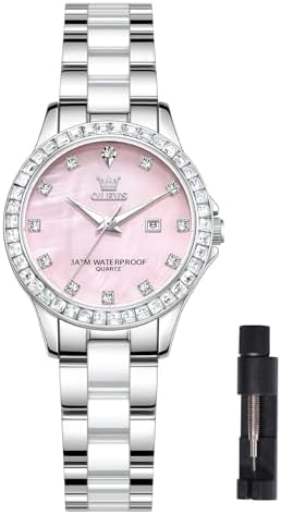 OLEVS Womens Watch Water Resistant Ladies Silver Watches Luxury Pink Dial Diamond Bezel Ceramic Stainless Steel Dress Wrist Watch Waterproof Luminous Classic reloj para Mujer Gift for Her