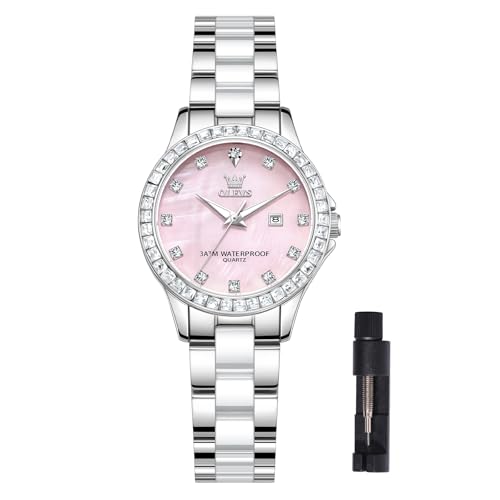 Montre en céramique pour femme OLEVS étanche avec calendrier en or rose et cadran diamant