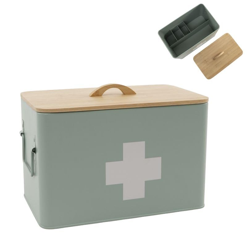 Caja Botiquín Grande de Metal Verde con Tapa de Madera Organizador Primeros Auxilios para Baño con Compartimentos 32x22x19 cm